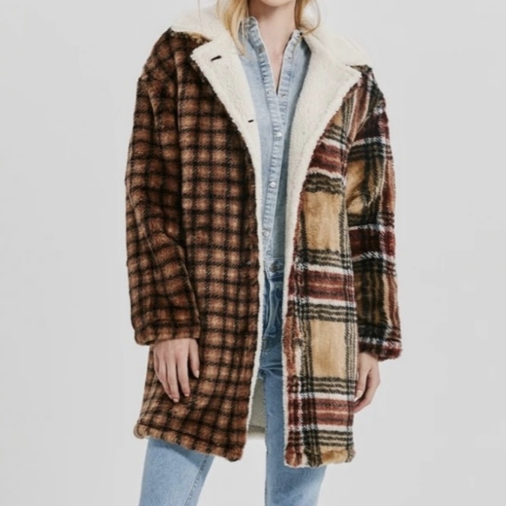 Something Navy Faux Fur Plaid Teddy Trucker Coat